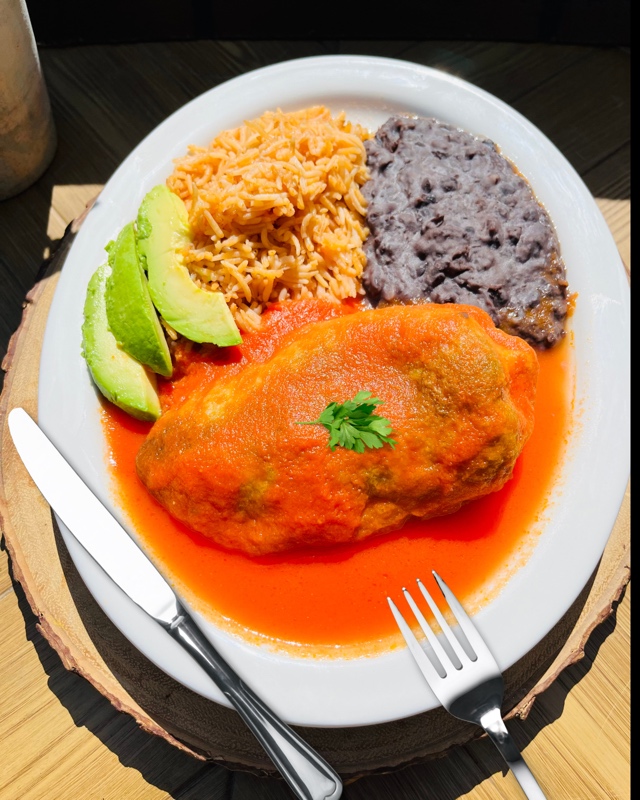 Daily Special chile relleno stuffed with cheese or shrimp, with a side of beans and rice