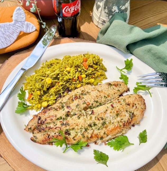 Grilled Herb Fish with side of veggie rice, Friday only