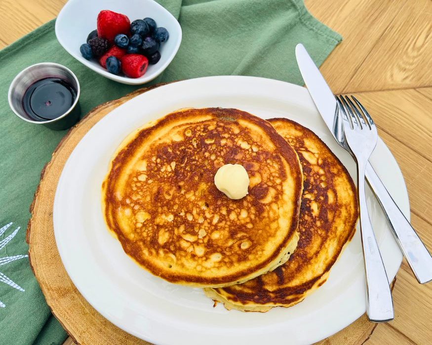 Morning breakfast, buttermilk state pancakes, with side of fruit,