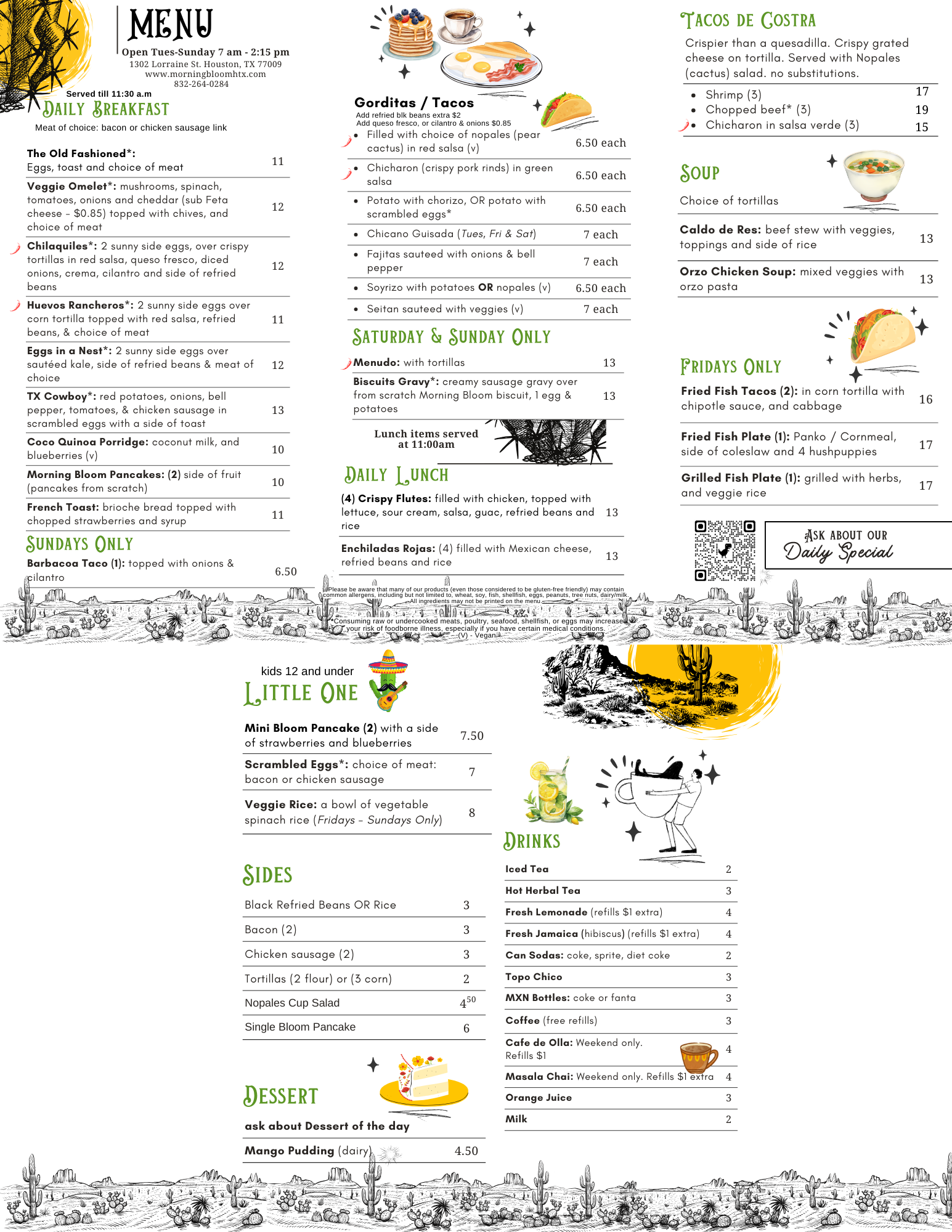 2025 Vargas Morning Bloom Cafe menu, breakfast, lunch, brunch, kids food, vegan, desserts, healthy, fusion