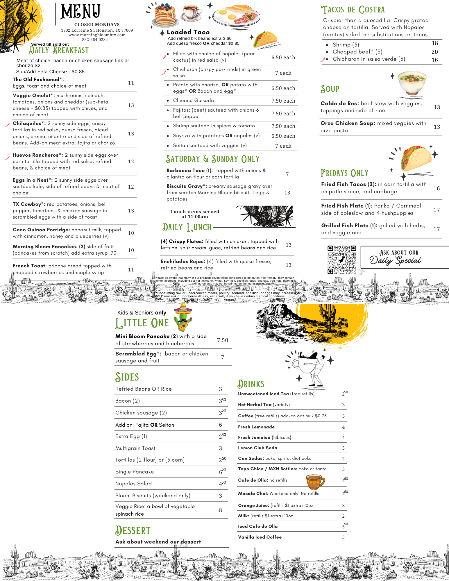 Breakfast, lunch, brunch, kids meal, vegetarian, mexican fusion, indian fusion, italian, fresh made